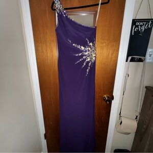 Tony Bowls One-Shoulder Dress in Purple with Silver Details